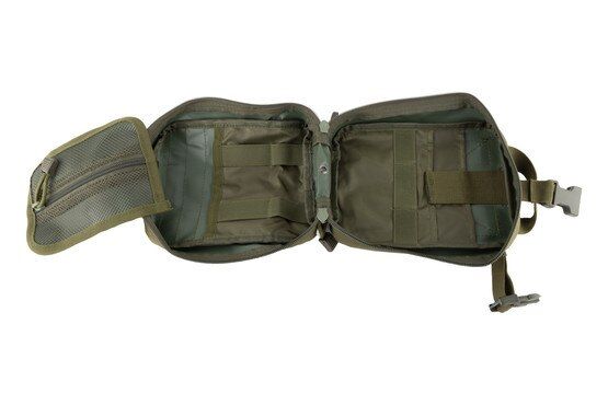 OD Green nylon Primary Arms First Aid Pouch features a zippered expandable clam shell design